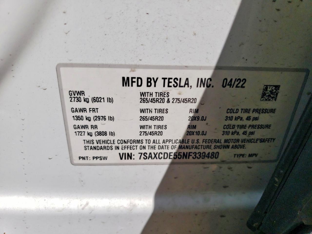 2022 Tesla Model x VIN 7SAXCDE55NF339480 photo 12