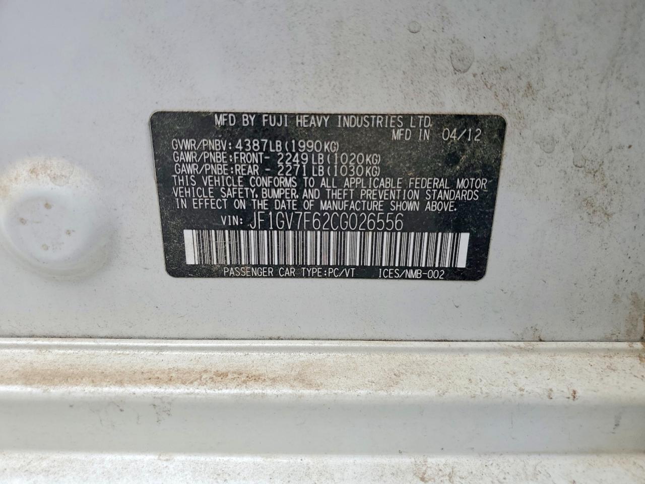 2012 SUBARU Wrx VIN JF1GV7F62CG026556 photo 12