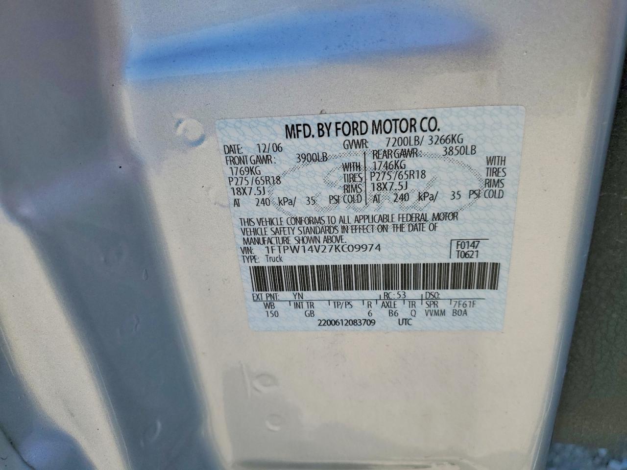 2007 Ford F150 VIN 1FTPW14V27KC09974 photo 12