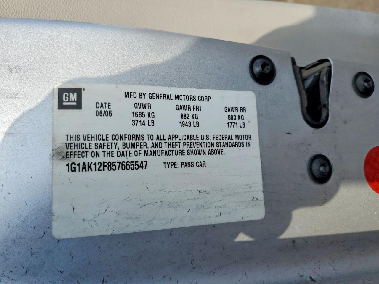 2005 CHEV Cobalt VIN 1G1AK12F857665547 photo 12