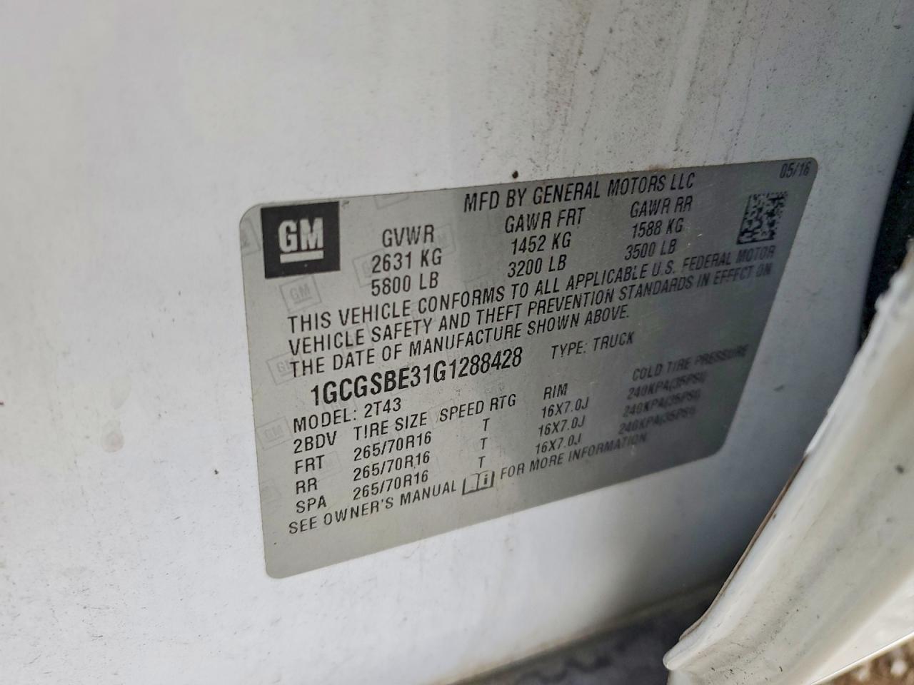 2016 Chevrolet Colorado VIN 1GCGSBE31G1288428 photo 12