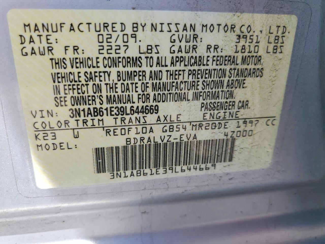 2009 Nissan Sentra VIN 3N1AB61E39L644669 photo 12