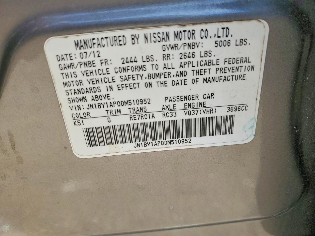 2013 Infiniti M37 VIN JN1BY1AP0DM510952 photo 12