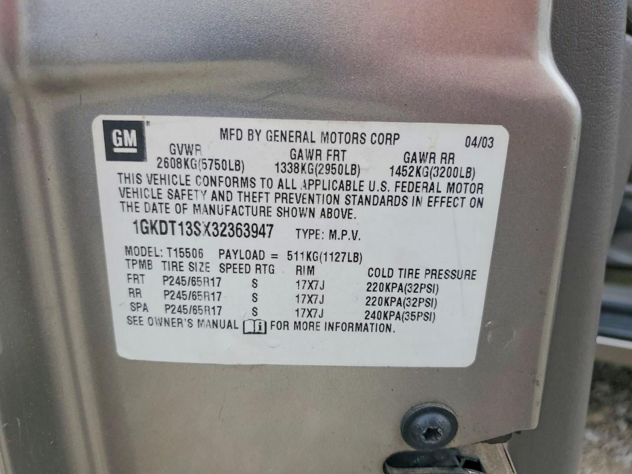 2003 GMC Envoy VIN 1GKDT13SX32363947 photo 12