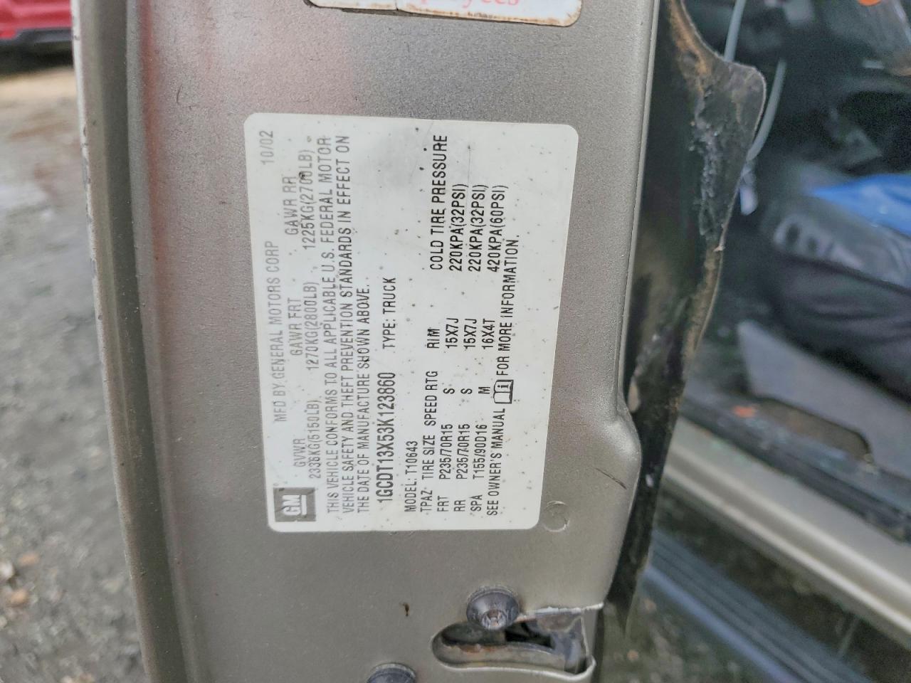 2003 CHEV S10 VIN 1GCDT13X53K123860 photo 12