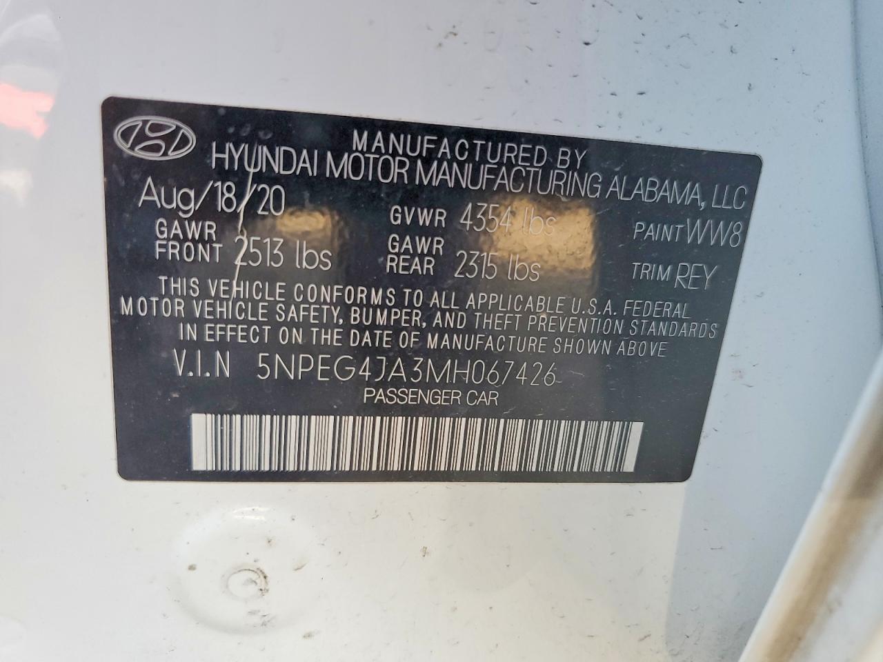 2021 HYUNDAI Sonata VIN 5NPEG4JA3MH067426 photo 12