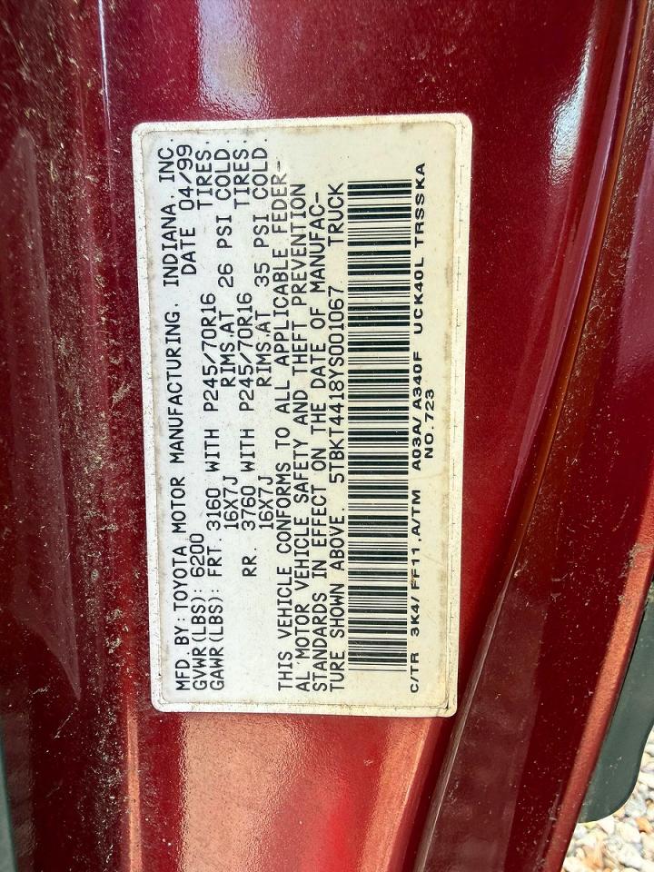 2000 Toyota Tundra VIN 5TBKT4418YS001067 photo 10