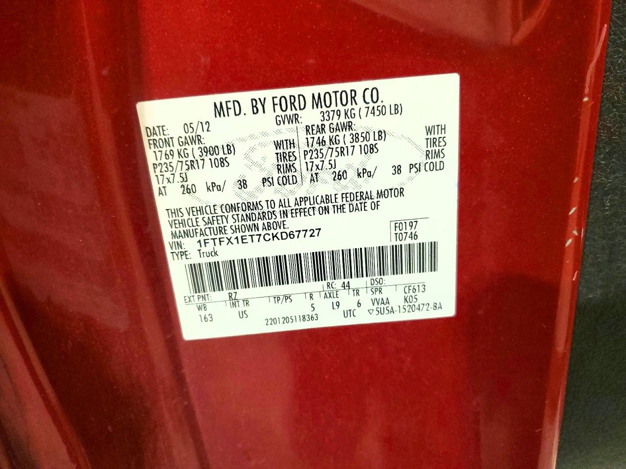 2012 Ford F150 VIN 1FTFX1ET7CKD67727 photo 12