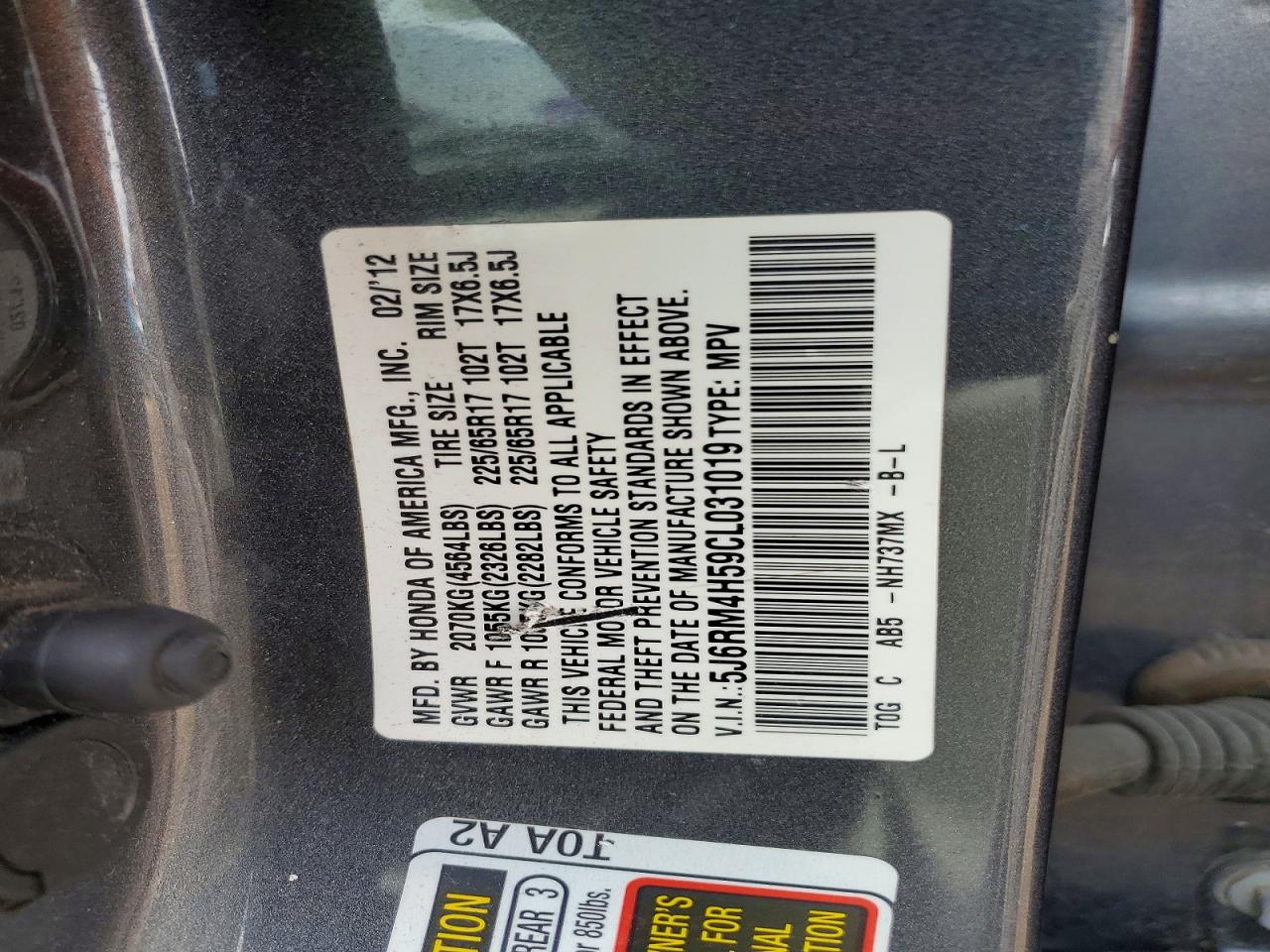 2012 HONDA Crv VIN 5J6RM4H59CL031019 photo 12