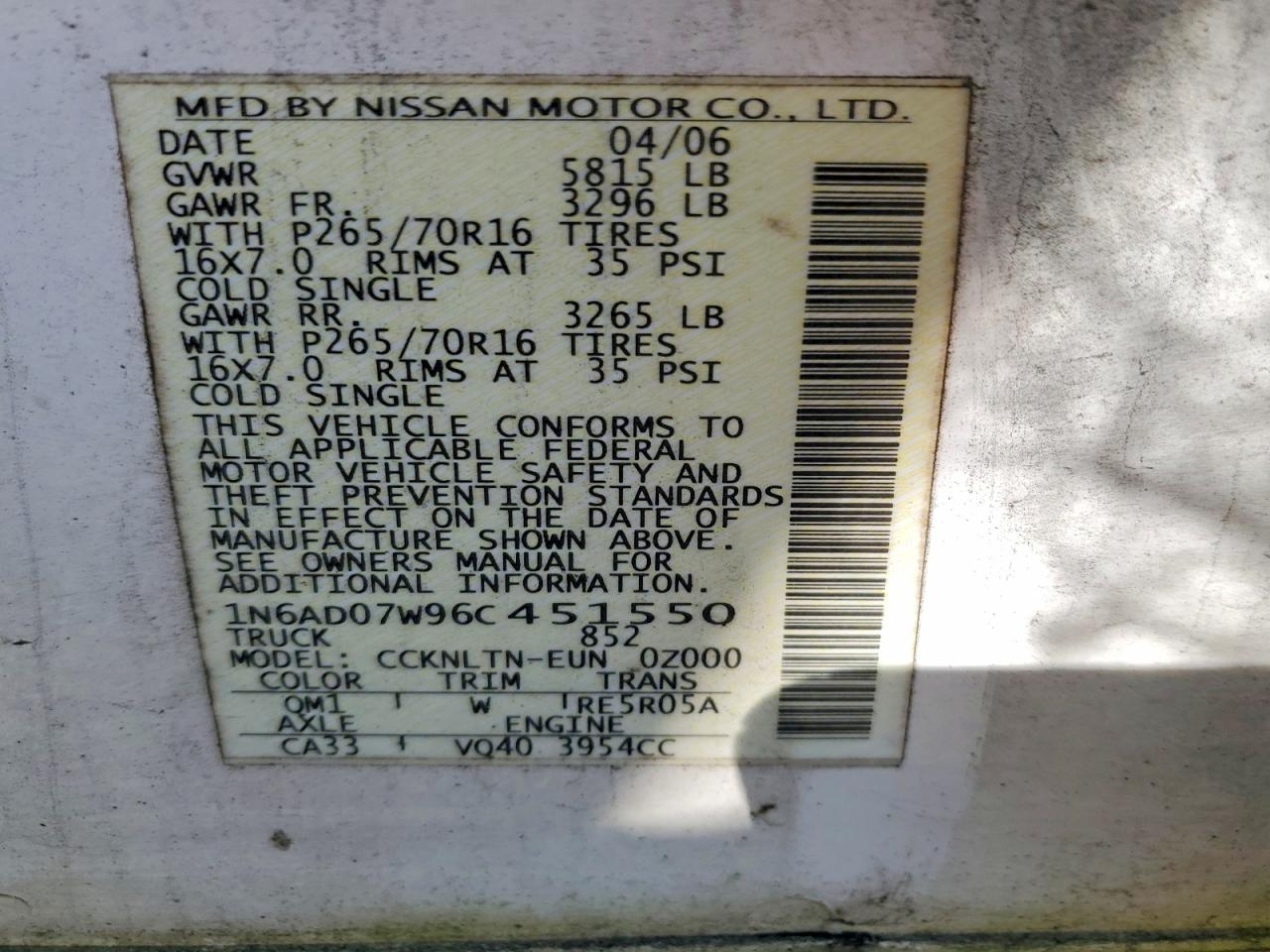 2006 Nissan Frontier VIN 1N6AD07W96C451550 photo 12