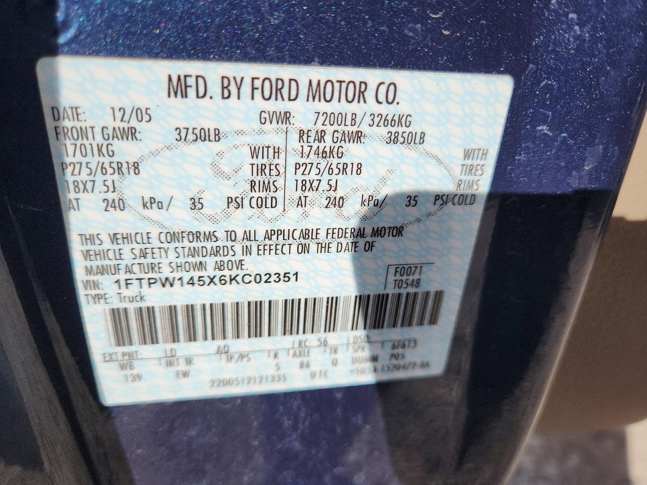 2006 Ford F150 VIN 1FTPW145X6KC02351 photo 12