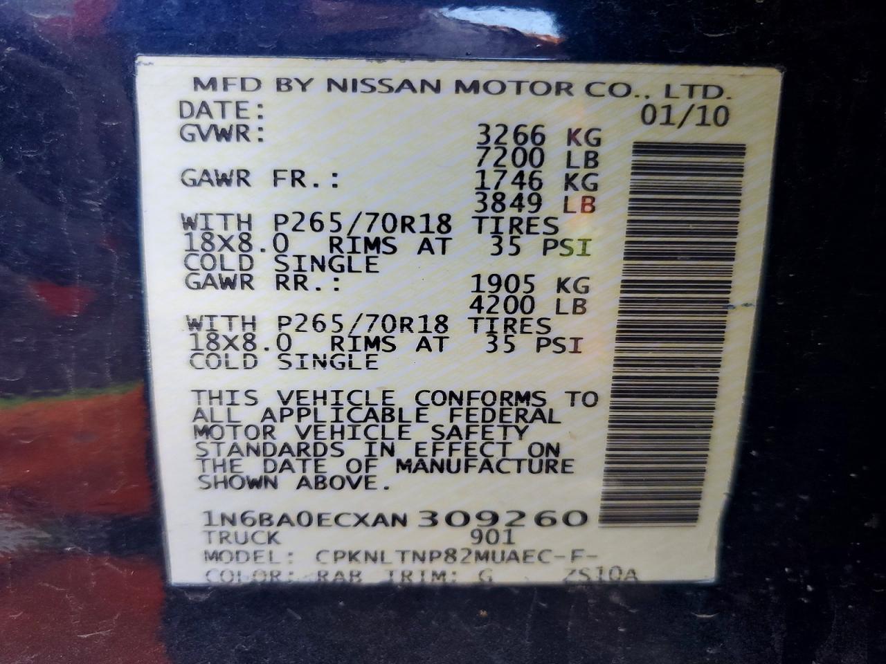 2010 Nissan TITAN VIN 1N6BA0ECXAN309260 photo 12