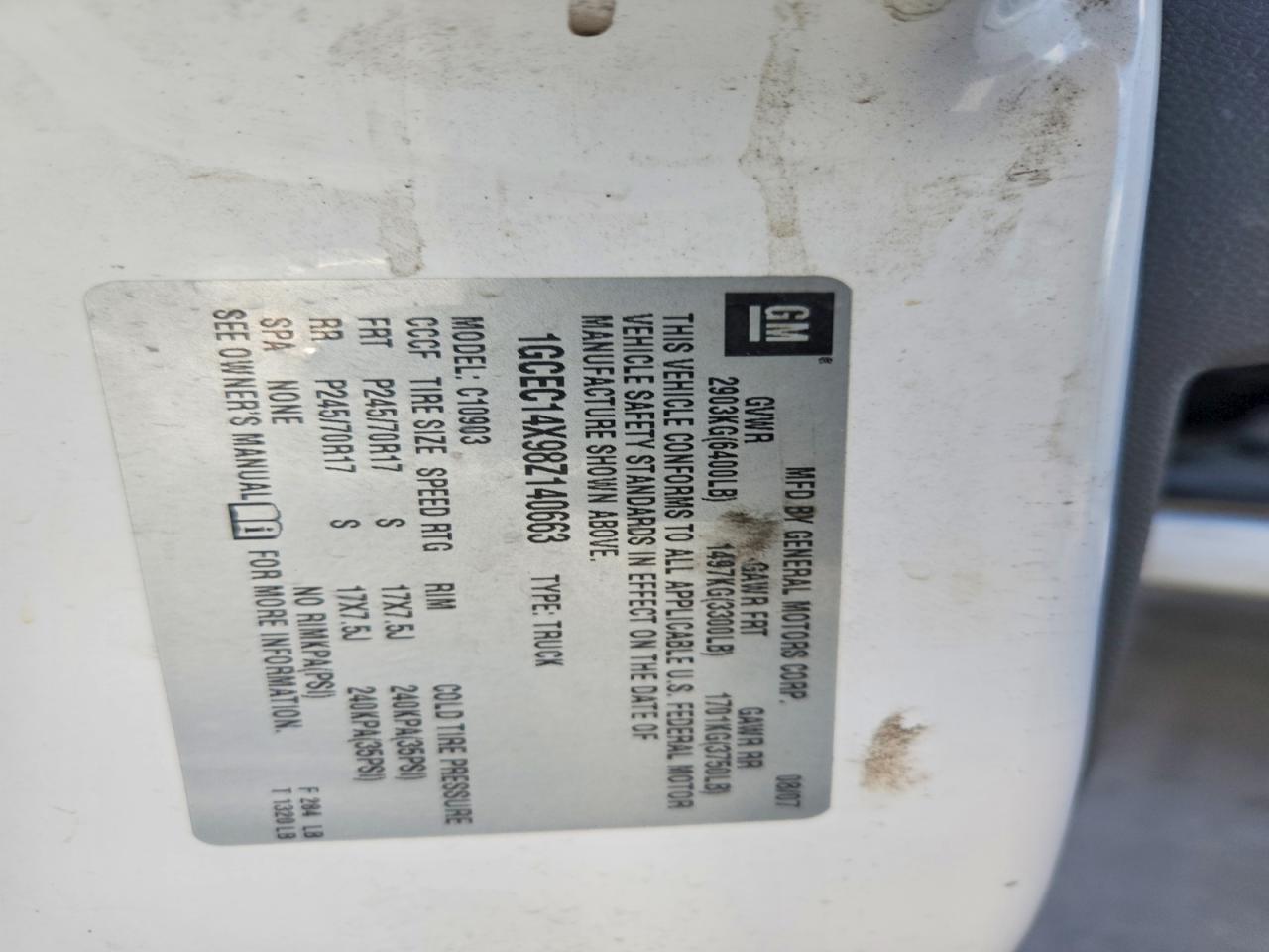 2008 CHEV All models VIN 1GCEC14X98Z140663 photo 12