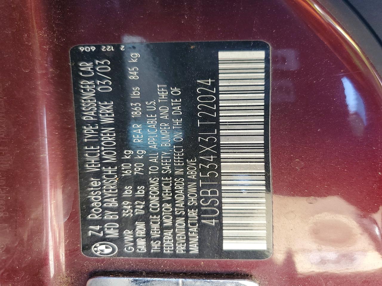 2003 BMW Z4 VIN 4USBT534X3LT22024 photo 12