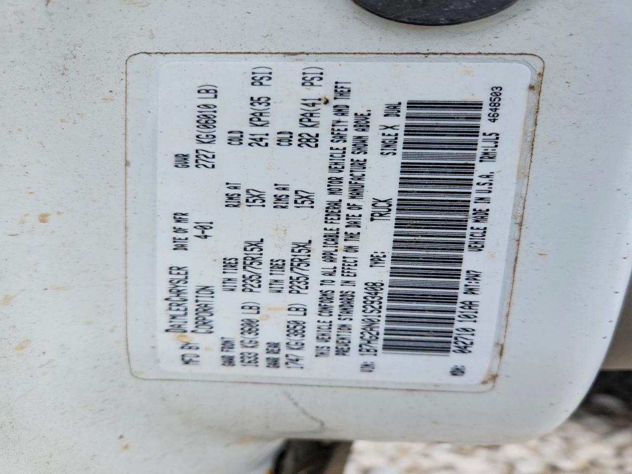 2001 Dodge Dakota VIN 1B7HG2AN01S293408 photo 12