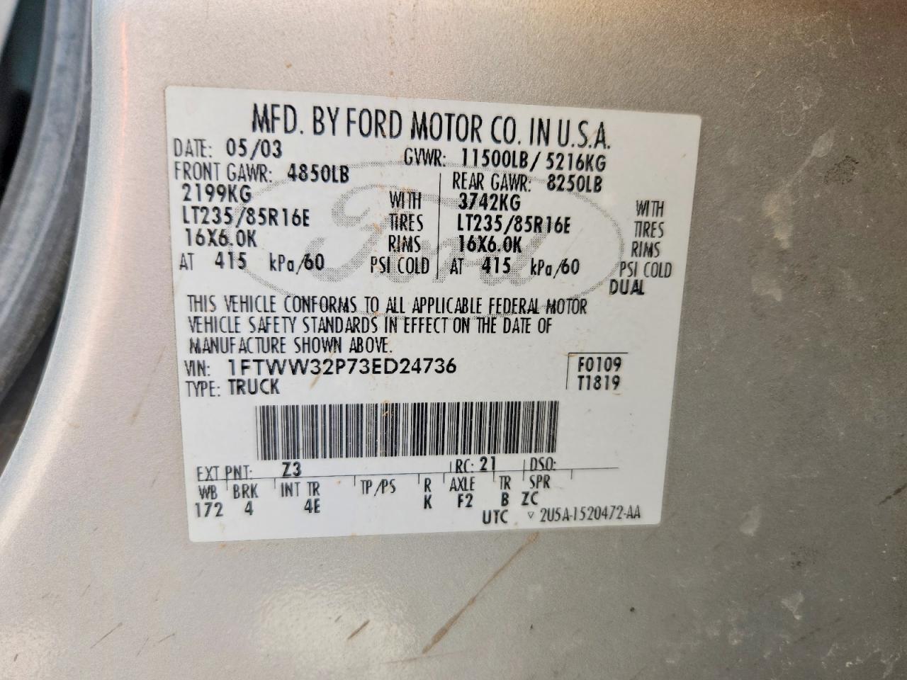 2003 Ford F350 VIN 1FTWW32P73ED24736 photo 12