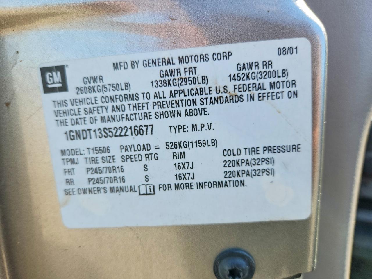 2002 Chev Trailblaze VIN 1GNDT13S522216677 photo 12