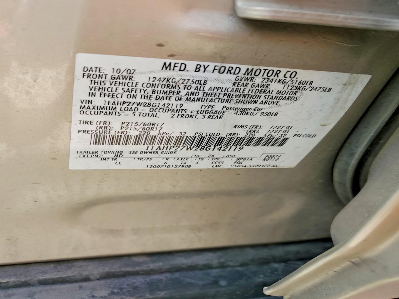 2008 Ford Taurus VIN 1FAHP27W28G142119 photo 12