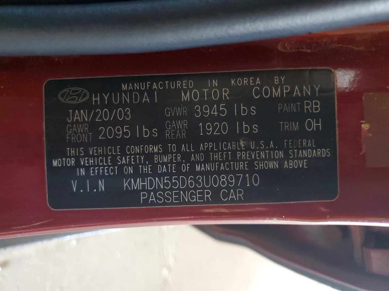 2003 Hyundai Elantra VIN KMHDN55D63U089710 photo 12