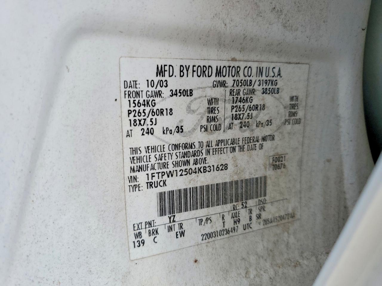 2004 Ford F150 VIN 1FTPW12504KB31628 photo 12