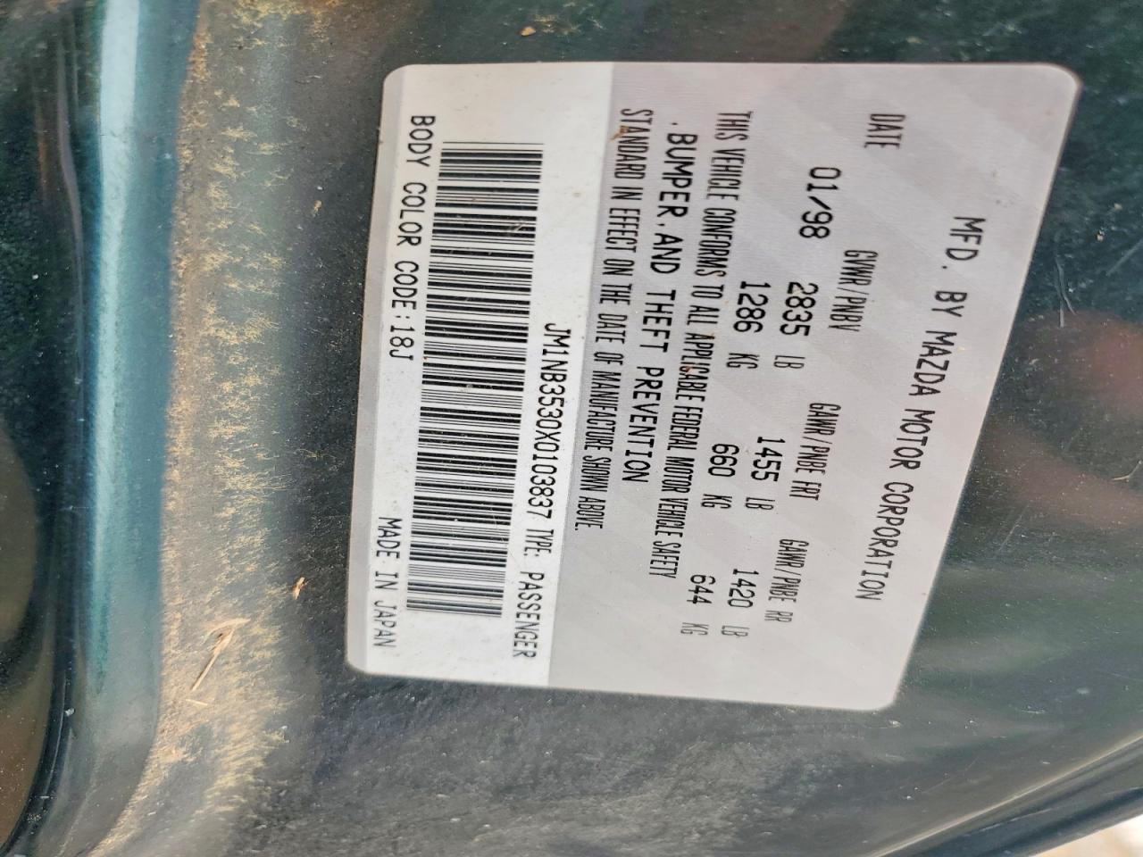 1999 Mazda Mx5 VIN JM1NB3530X0103837 photo 12