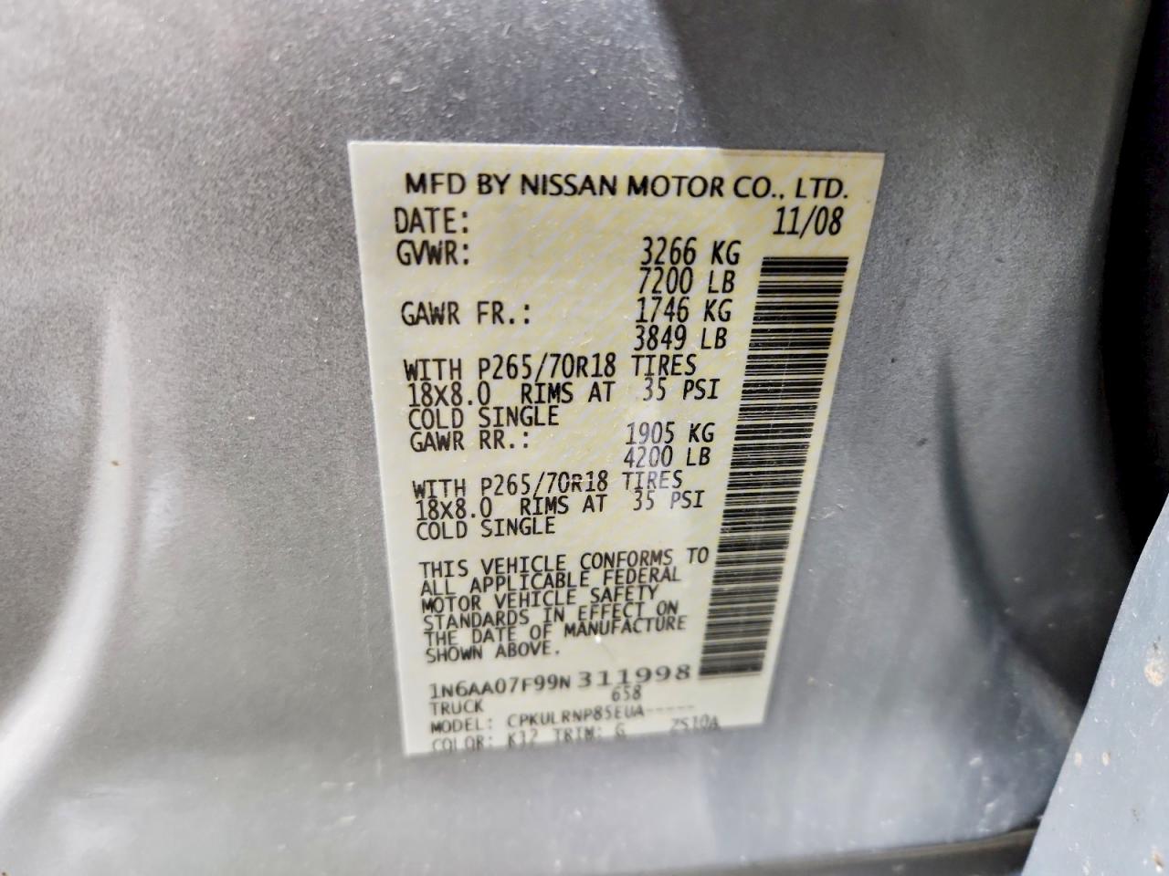 2009 Nissan TITAN VIN 1N6AA07F99N311998 photo 12