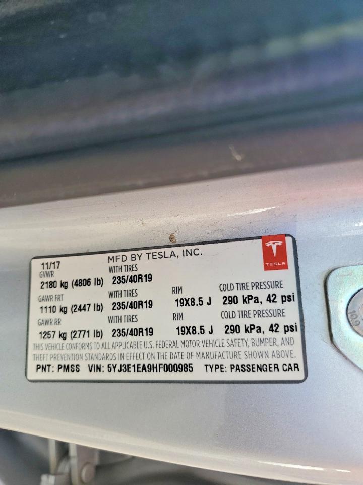 2017 Tesla Model 3 VIN 5YJ3E1EA9HF000985 photo 12