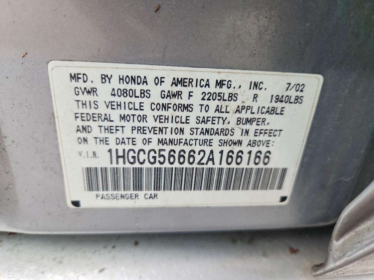 2002 HOND Accord VIN 1HGCG56662A166166 photo 12