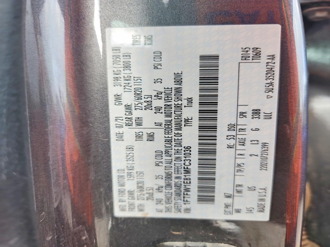 2021 Ford F150 VIN 1FTFW1E81MFC31036 photo 12