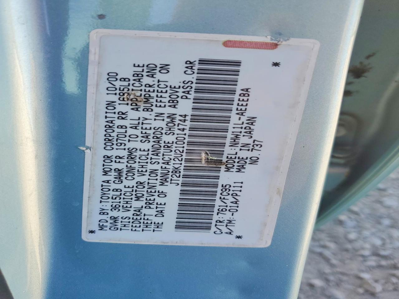 2001 TOYOTA Prius VIN JT2BK12U210014744 photo 12