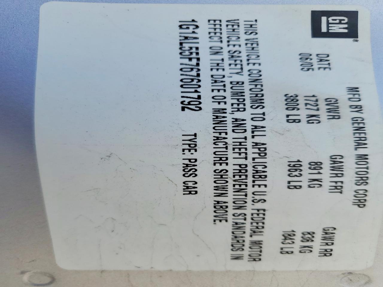 2006 CHEV Cobalt VIN 1G1AL55F767601792 photo 12