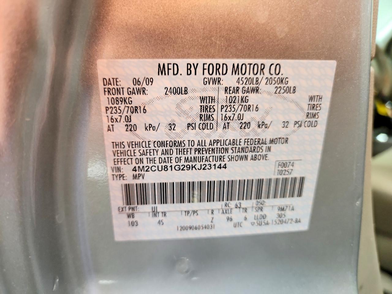 2009 MERCURY Mariner VIN 4M2CU81G29KJ23144 photo 12