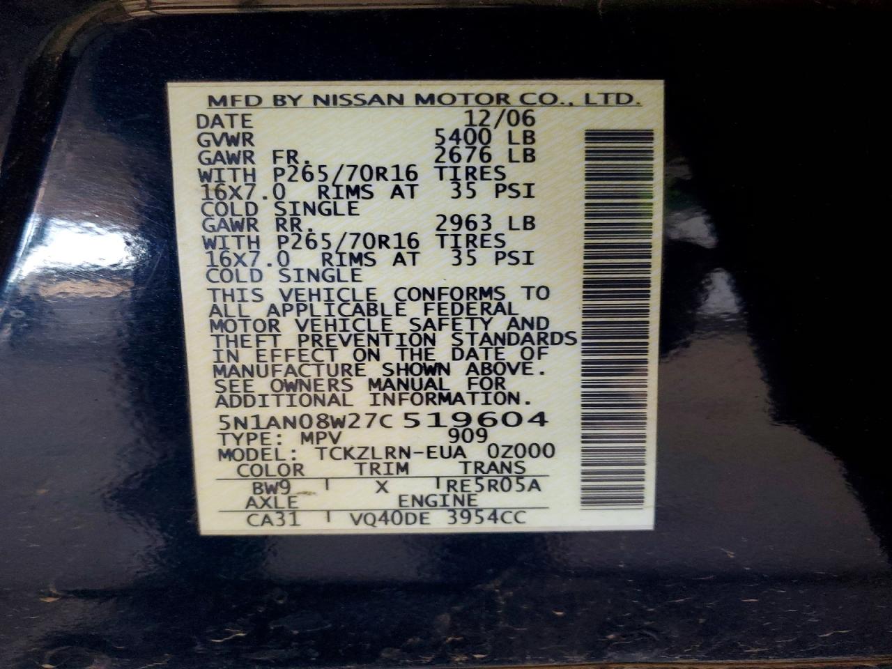 2007 Nissan Xterra VIN 5N1AN08W27C519604 photo 12
