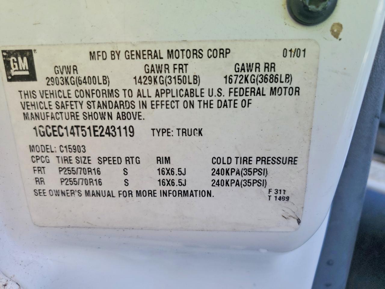 2001 CHEV Silverado VIN 1GCEC14T51E243119 photo 12