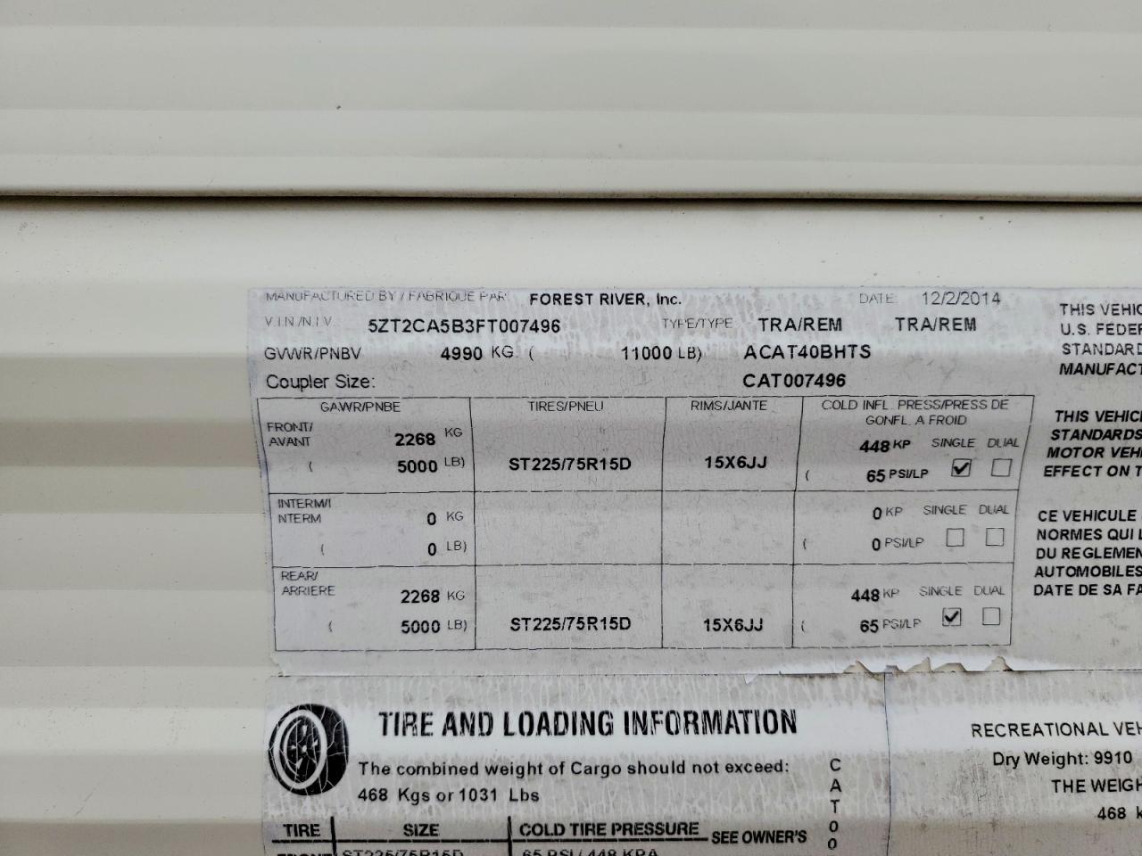 2015 FOREST Catalina VIN 5ZT2CA5B3FT007496 photo 10
