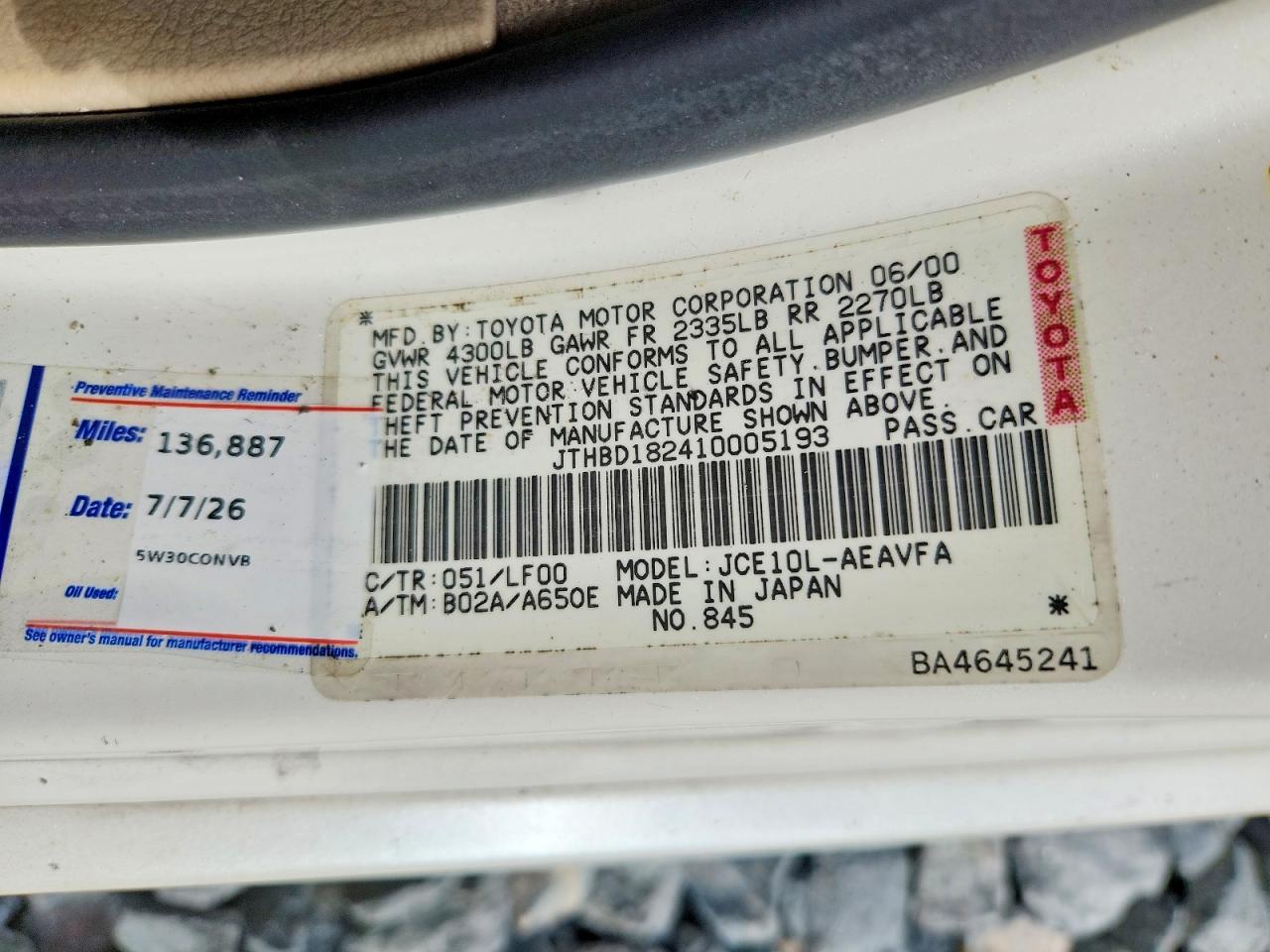 2001 Lexus Is VIN JTHBD182410005193 photo 12