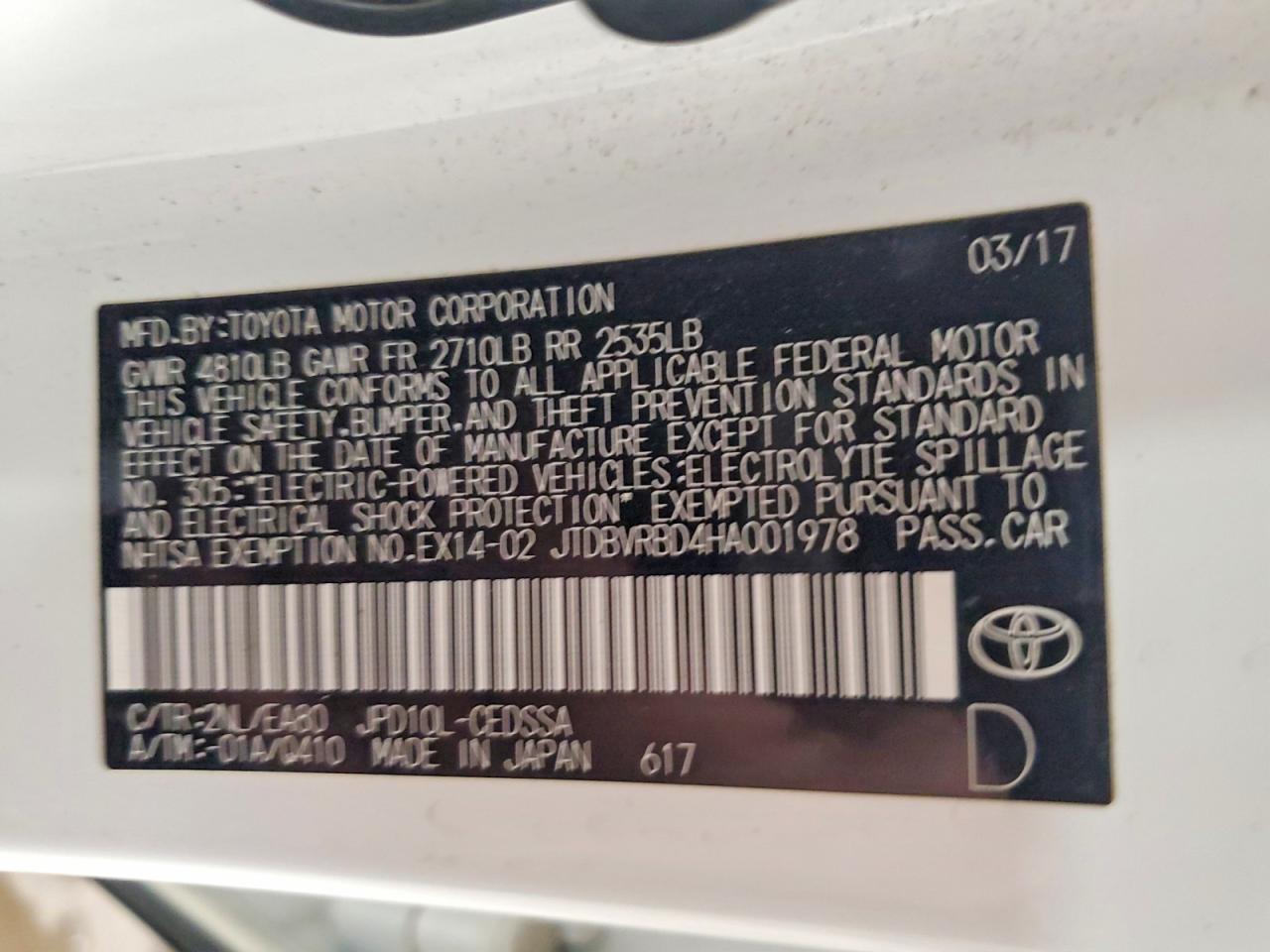 2017 Toyota Mirai VIN JTDBVRBD4HA001978 photo 12