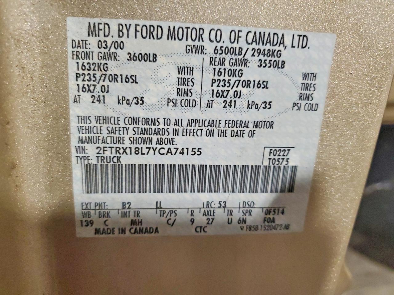 2000 Ford F150 VIN 2FTRX18L7YCA74155 photo 12