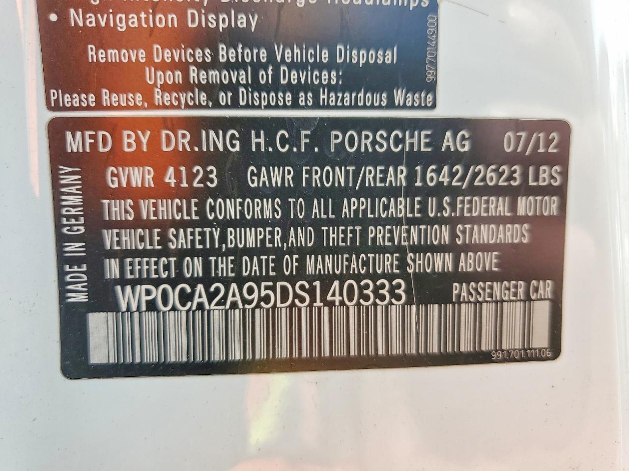 2013 Porsche 911 VIN WP0CA2A95DS140333 photo 12