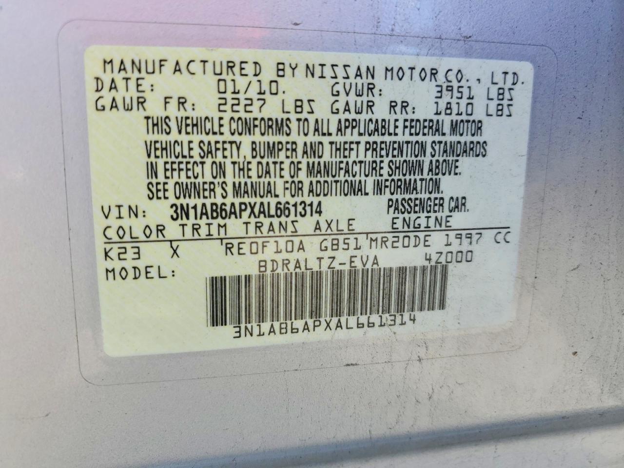 2010 NISS Sentra VIN 3N1AB6APXAL661314 photo 12