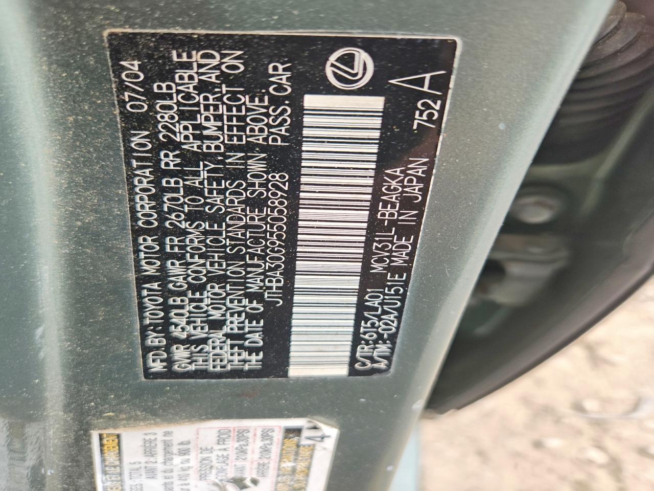 2005 Lexus Es330 VIN JTHBA30G955058928 photo 12