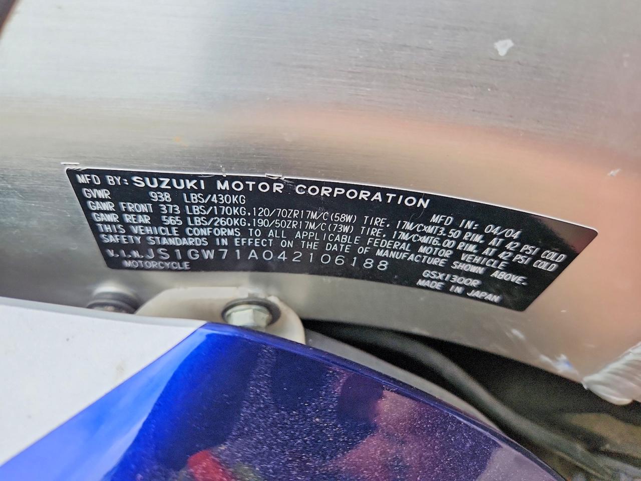 2004 Suzuki Gsx1300 VIN JS1GW71A042106188 photo 9