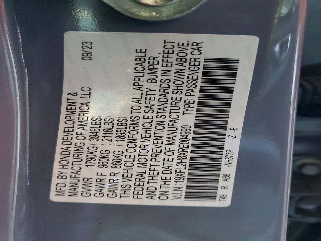 2024 Honda Civic VIN 19XFL2H8XRE004990 photo 12