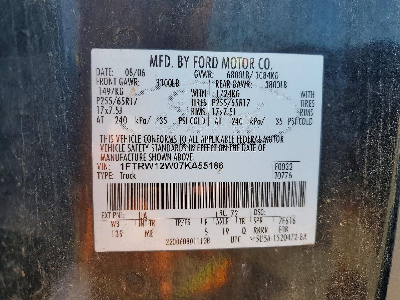 2007 Ford F150 VIN 1FTRW12W07KA55186 photo 12