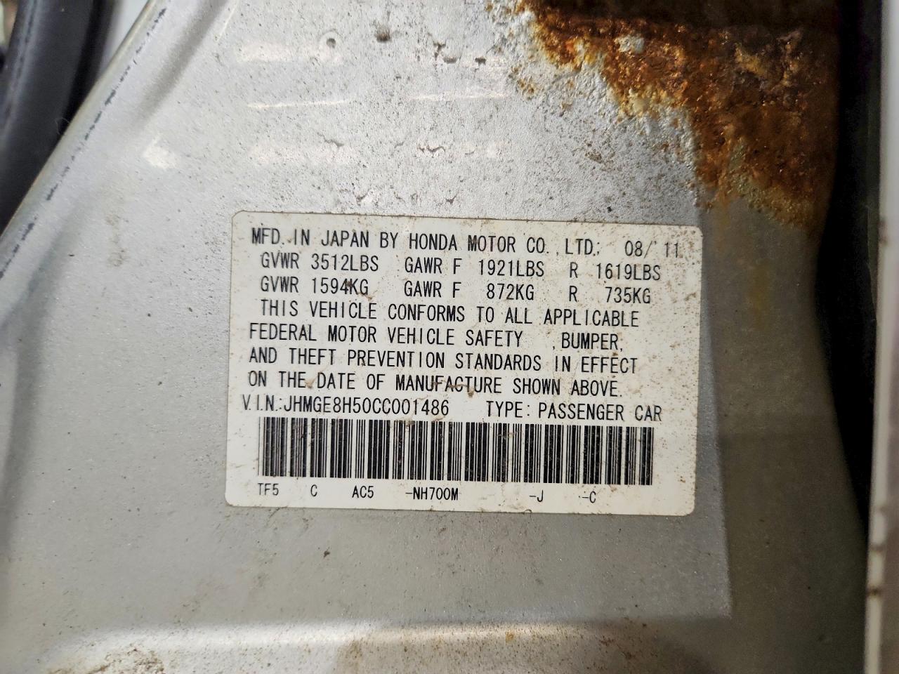 2012 Honda Fit VIN JHMGE8H50CC001486 photo 12