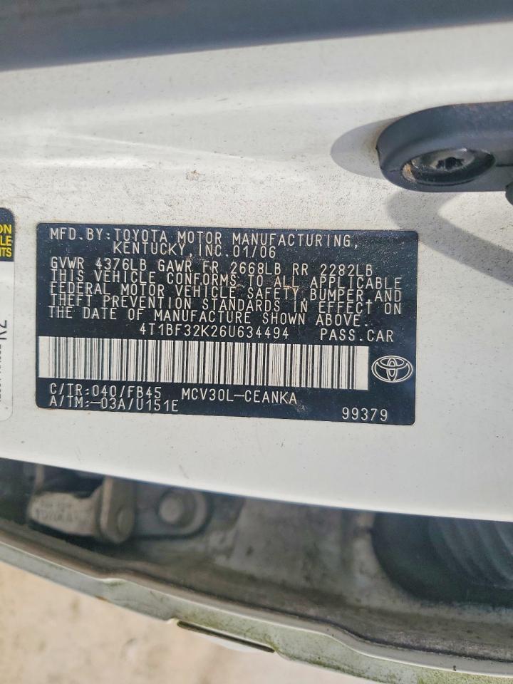 2006 TOYT Camry VIN 4T1BF32K26U634494 photo 12