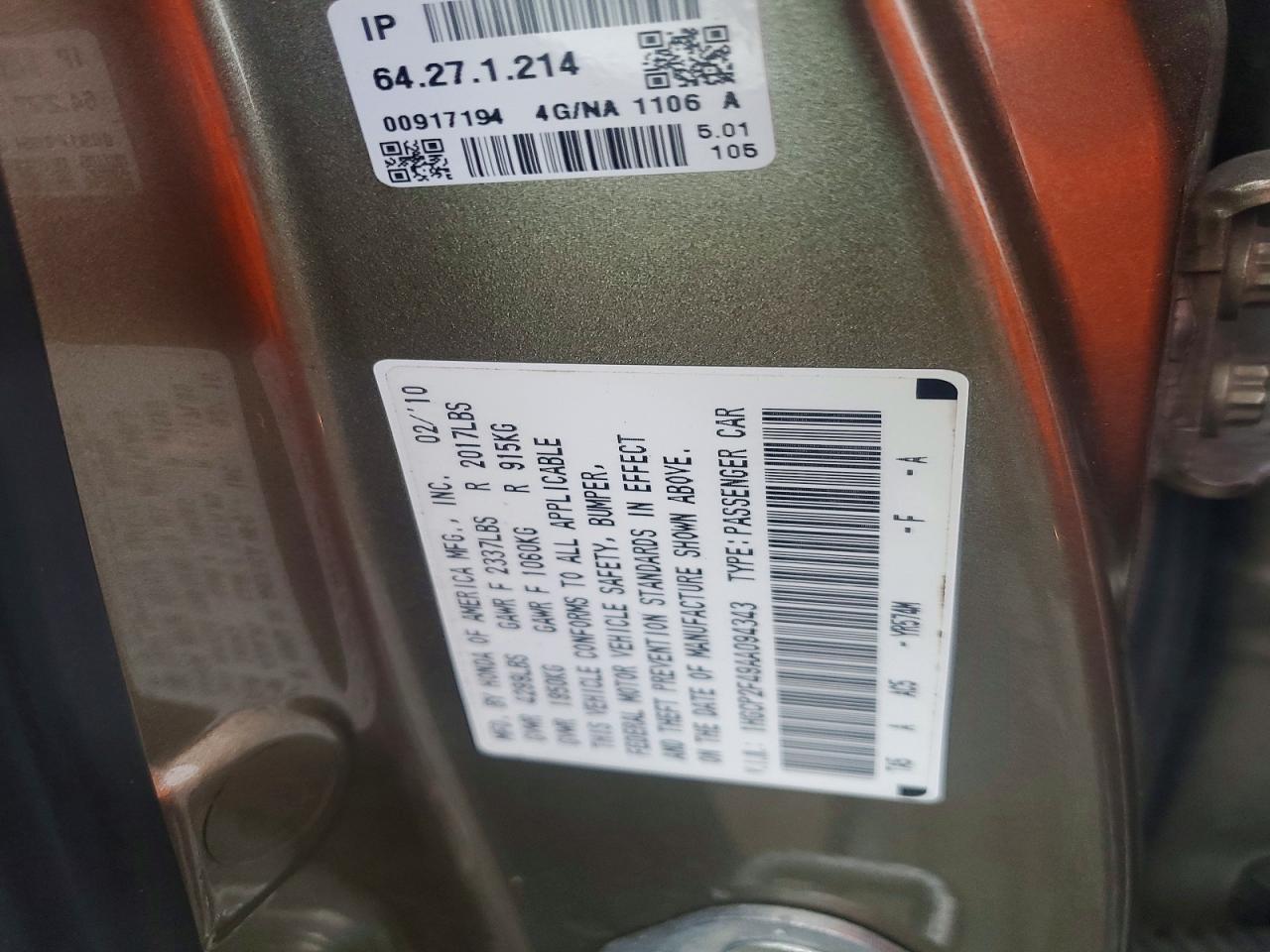 2010 HOND Accord VIN 1HGCP2F49AA094343 photo 12