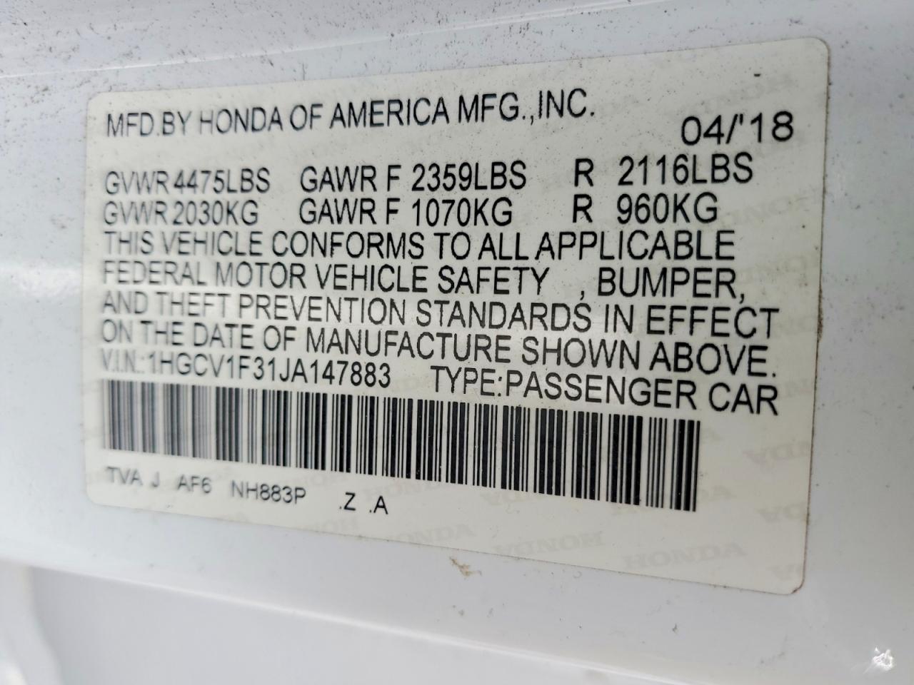 2018 Honda Accord VIN 1HGCV1F31JA147883 photo 12