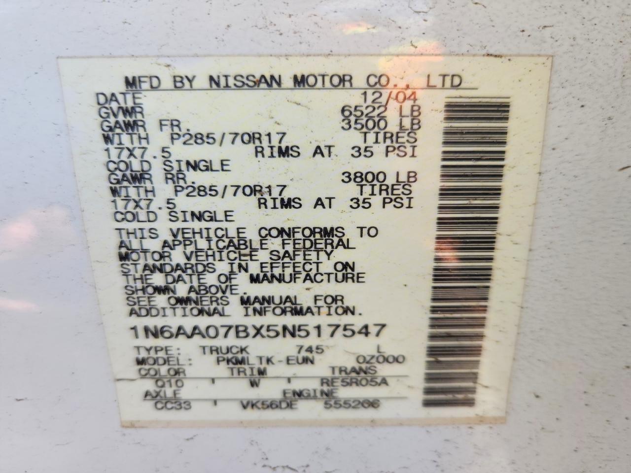 2005 Nissan TITAN VIN 1N6AA07BX5N517547 photo 12