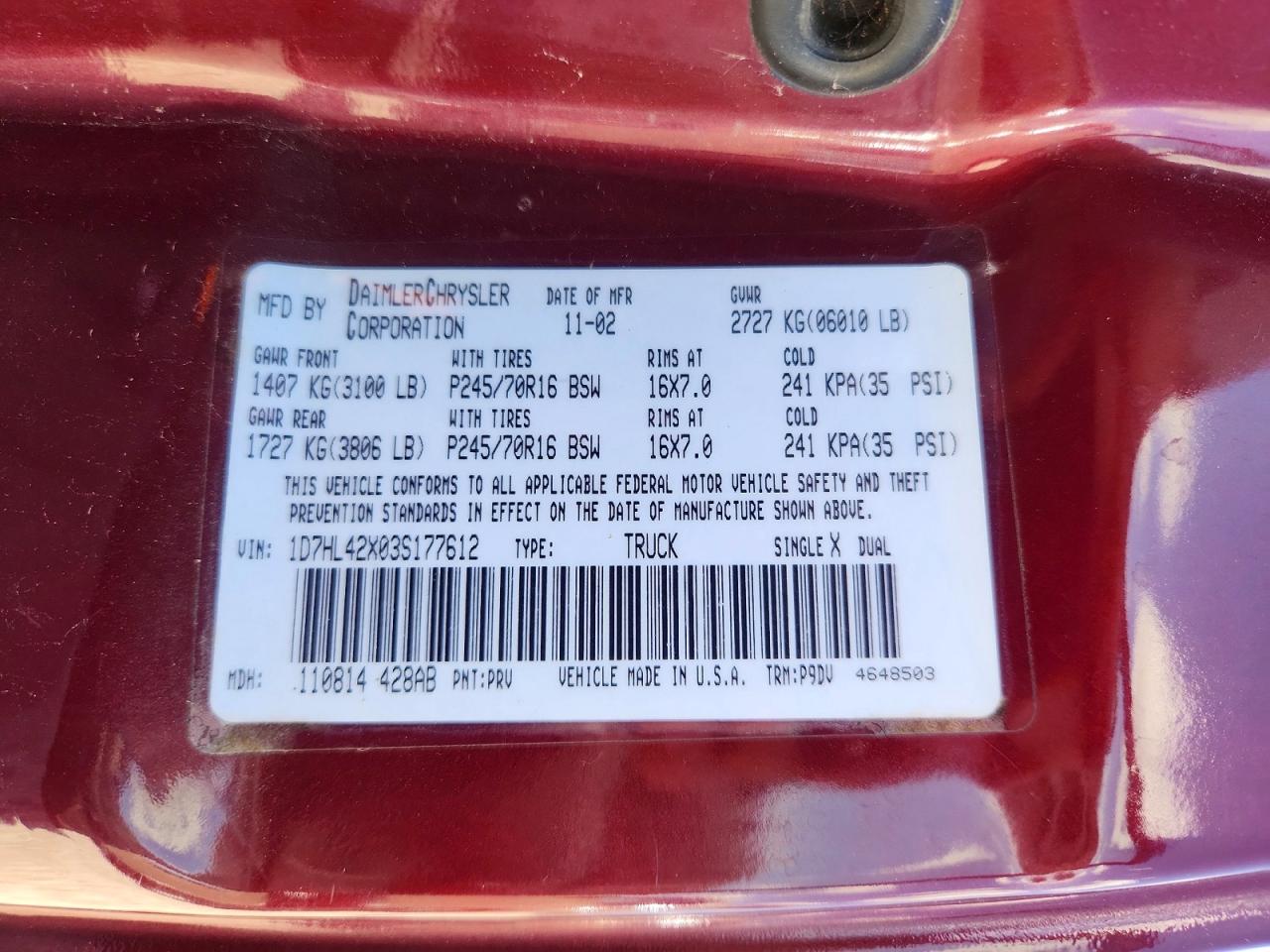 2003 Dodge Dakota VIN 1D7HL42X03S177612 photo 12